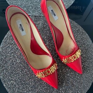 Moschino Red Patent Pointed Toe Pumps with Gold Logo Detail